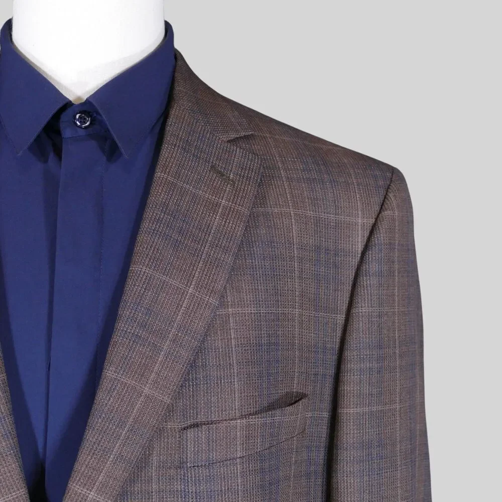 Jos A Bank Reserve Sport Coat Blazer Men 48R Tailored Brown Blue Plaid Wool Silk